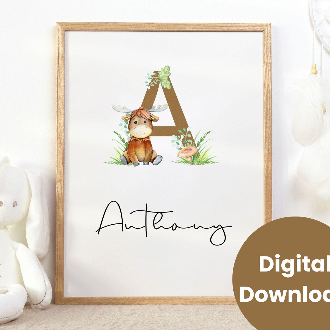 Brown Watercolor Letter A with a Moose Calf Nursery Name Poster