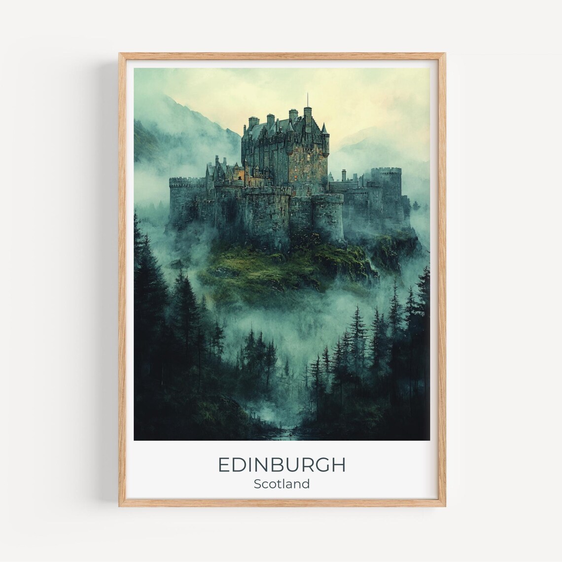 Edinburgh Scotland Misty Castle Forest Watercolor Travel Poster