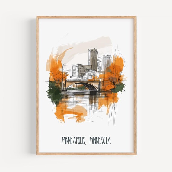Minneapolis Minnesota Skyline Poster Stone Arch Bridge City Art