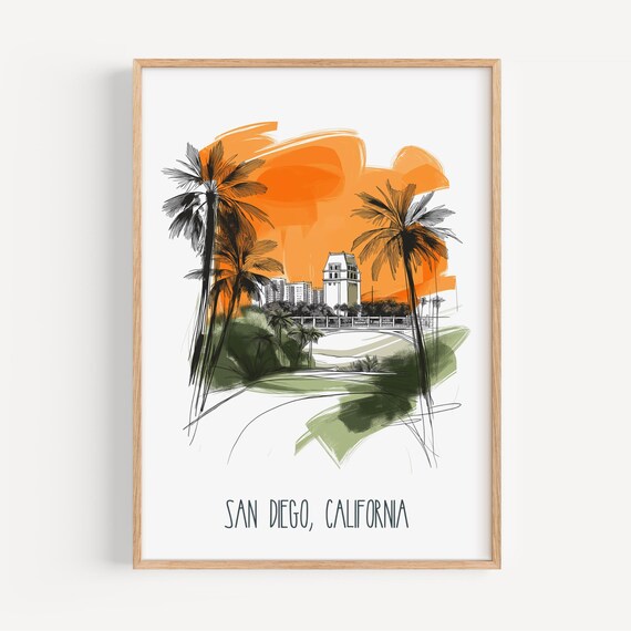 San Diego California Skyline Poster Palm Trees City Sketch Art