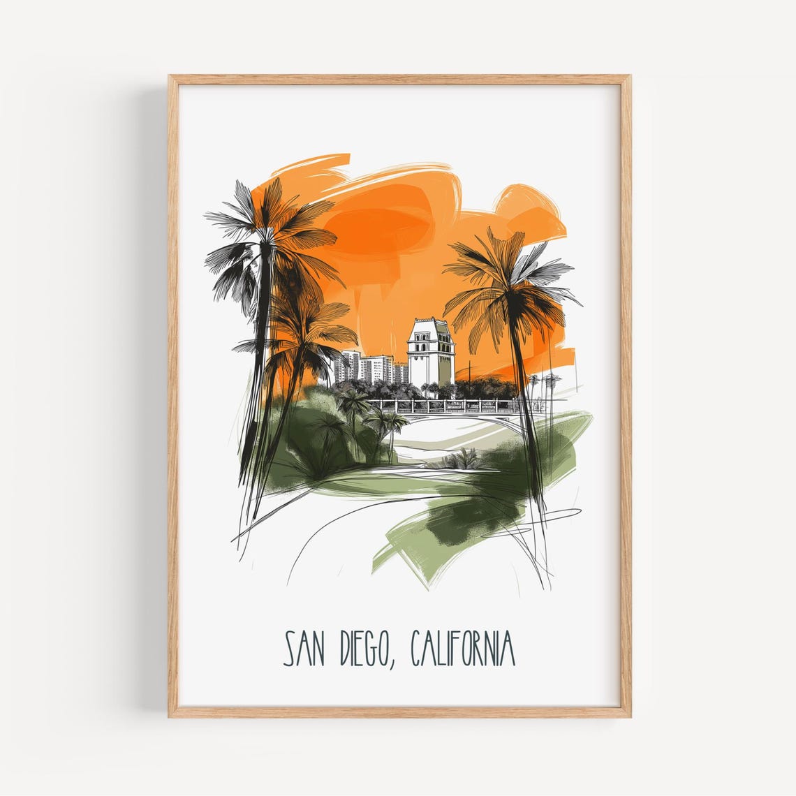 San Diego California Skyline Poster Palm Trees City Sketch Art