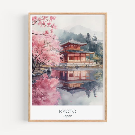 Discover Iconic Kyoto Temple Art Japanese Watercolor Print With Stunning Cherry Blossoms Decor