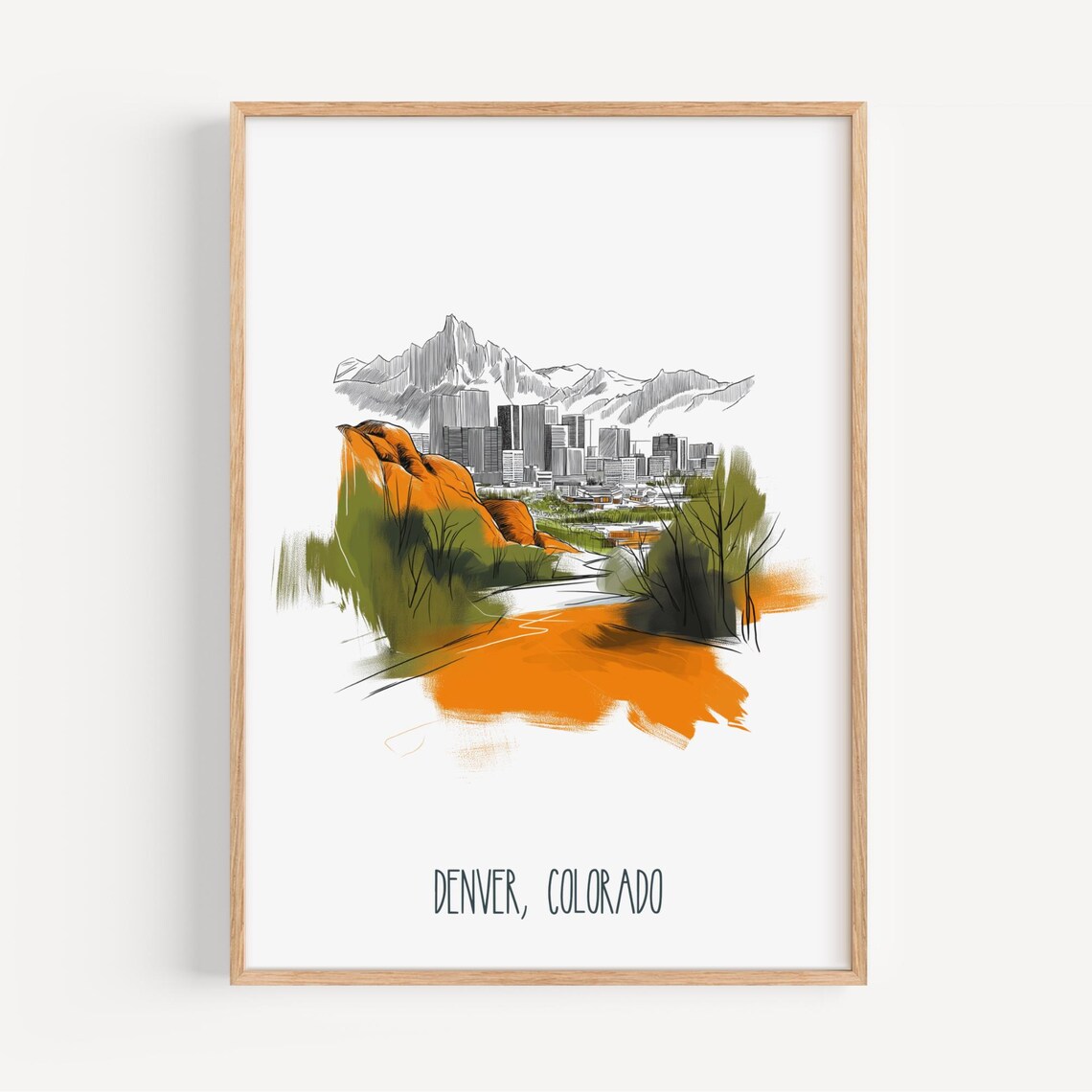 Denver Colorado Skyline Poster With Watercolor Mountain City Sketch Art