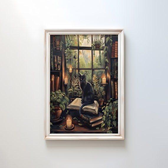 Black Cat Cottage Library Art Print, Dark Academia