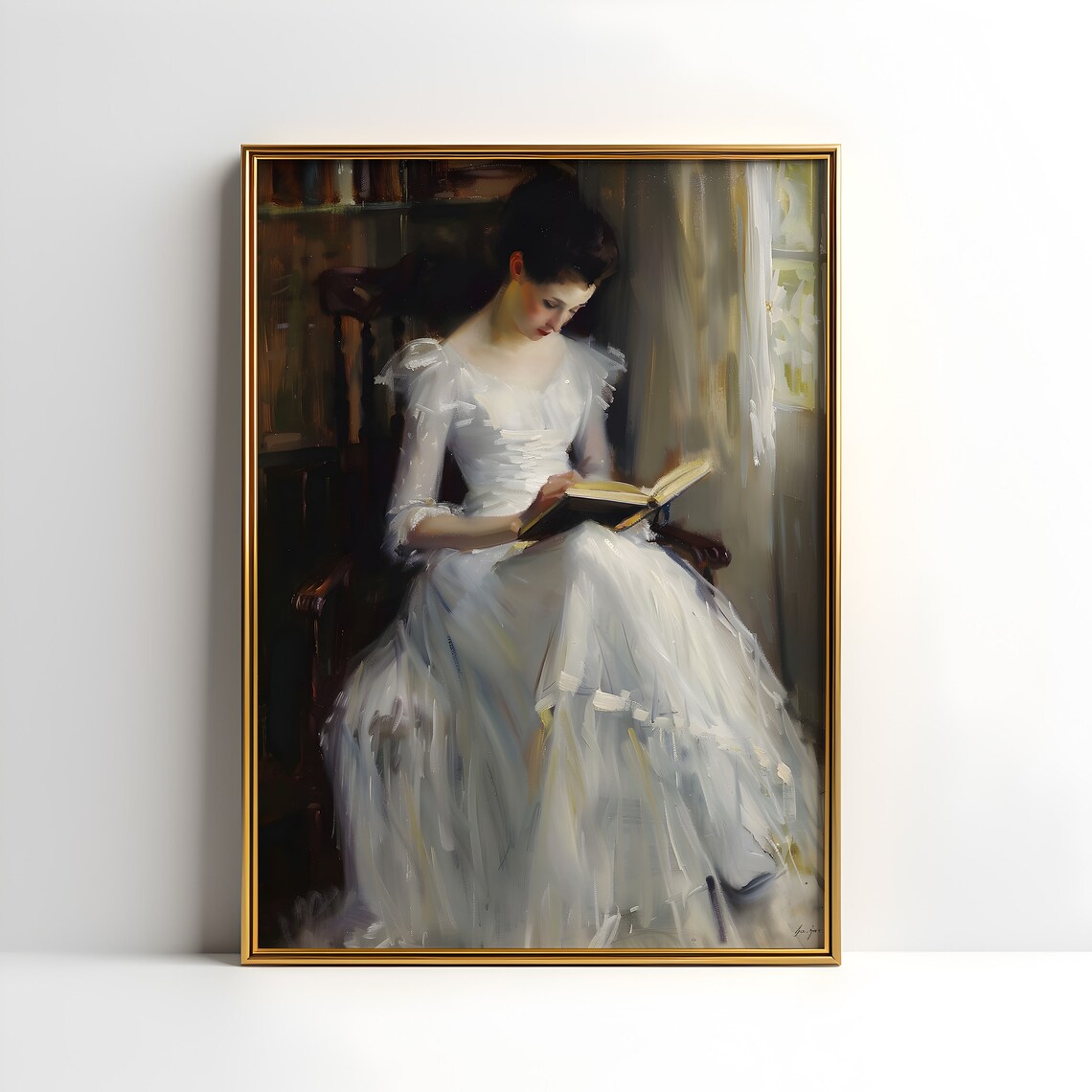 Young Woman In White Dress Reading Book Vintage Painting Poster - Image 3