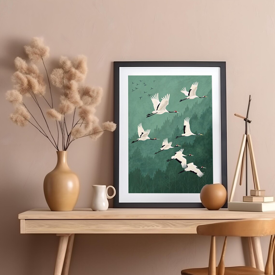 Emerald Cranes Art Print, Japanese Bird Artwork - Image 2