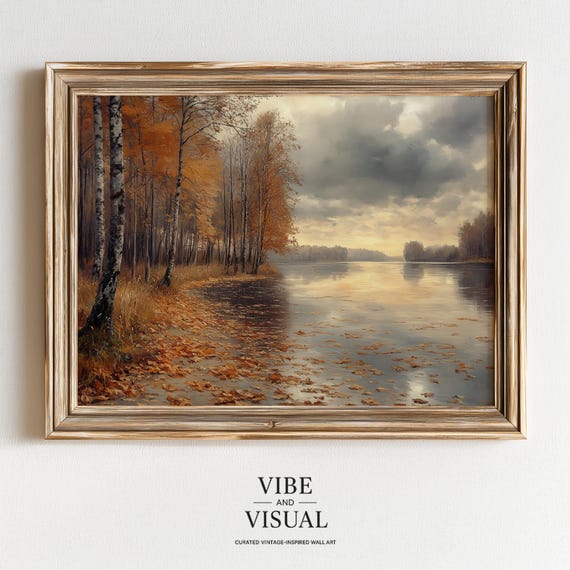 Moody Autumn Riverbank Birches Vintage Oil Painting Tranquil Landscape Poster