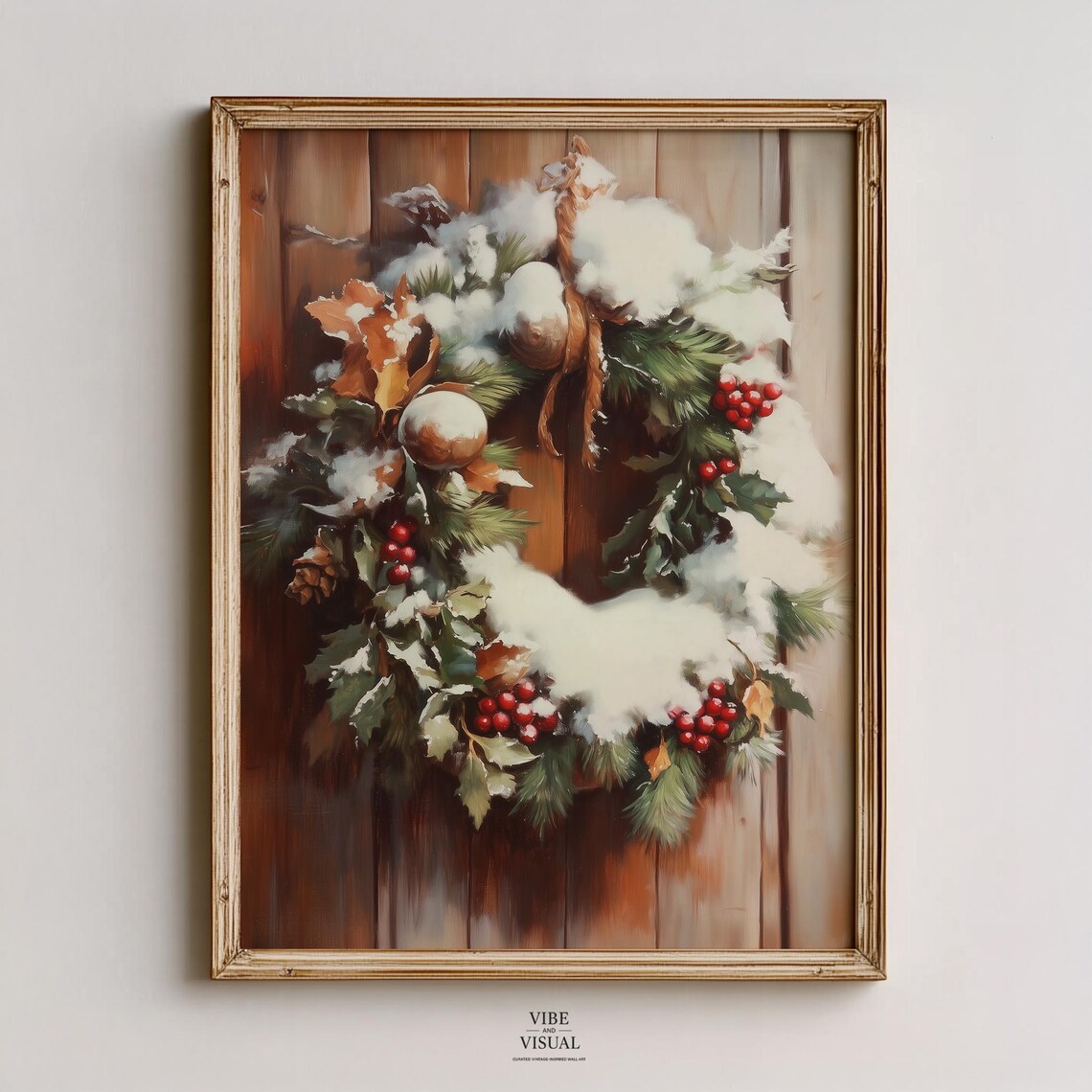 Snow Covered Evergreen Wreath On Wooden Door Holiday Winter Painting Poster