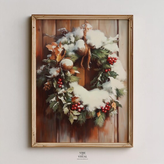 Snow Covered Evergreen Wreath On Wooden Door Holiday Winter Painting Poster