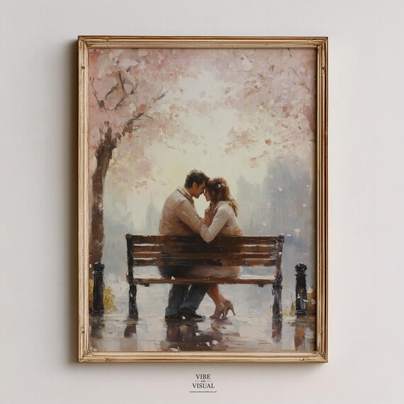 Romantic Spring Couple On Park Bench Cozy Impressionist Painting Pink Blossoms Moody Vintage Wall Art Scene 415