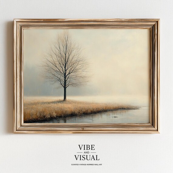 Misty Meadow Solitary Tree Print Moody Neutraltoned Wall Art Serene Vintage Oil Painting Calm Stream Reflection 140
