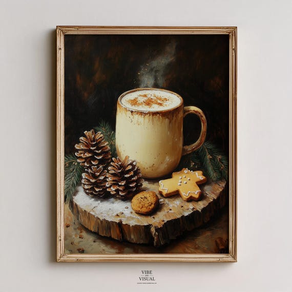 Rustic Farmhouse Mug With Steaming Cocoa Cozy Still Life Art Winter Decor Warm Touch Wall 112