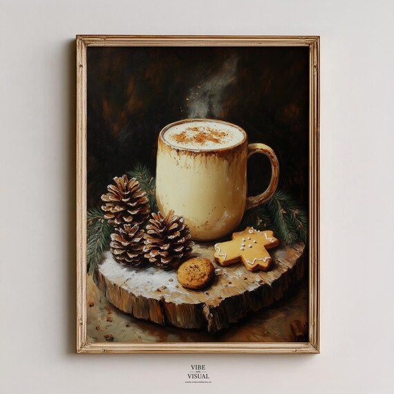 Steaming Eggnog Mug Pinecones Gingerbread Star On Wooden Stump Art Print