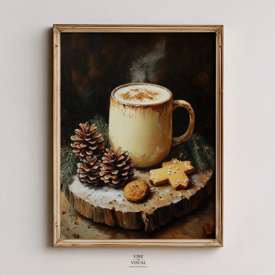 Steaming Eggnog Mug Pinecones Gingerbread Star On Wooden Stump Art Print