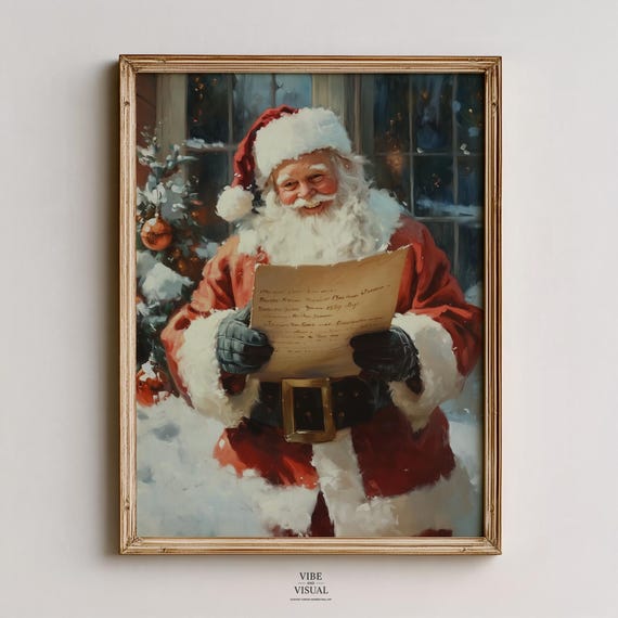 Vintage Santa Claus Illustration Festive Holiday Art Cheerful Christmas Decor With Tree Snow Painting 243