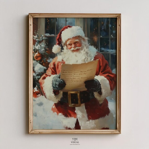Vintage Santa Claus Reading Letter Christmas Painting Poster