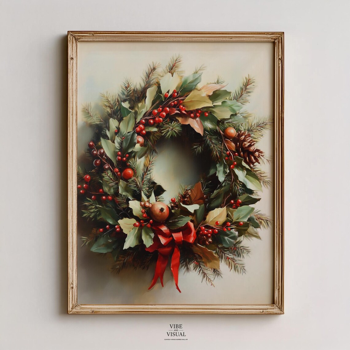 Vintage Christmas Wreath Red Bow Holly Berries Painting Poster