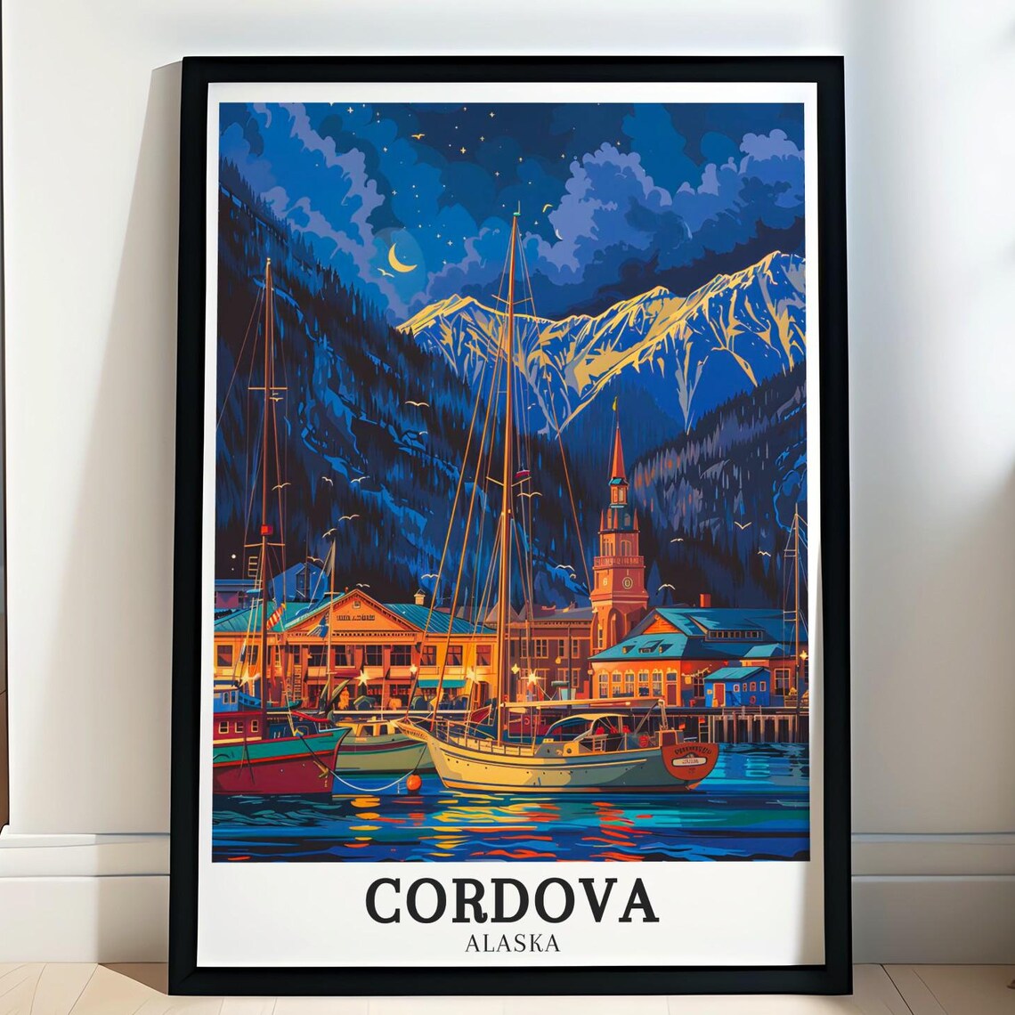 Cordova Alaska Night Harbor Sailboats Moonlit Mountains Town Poster