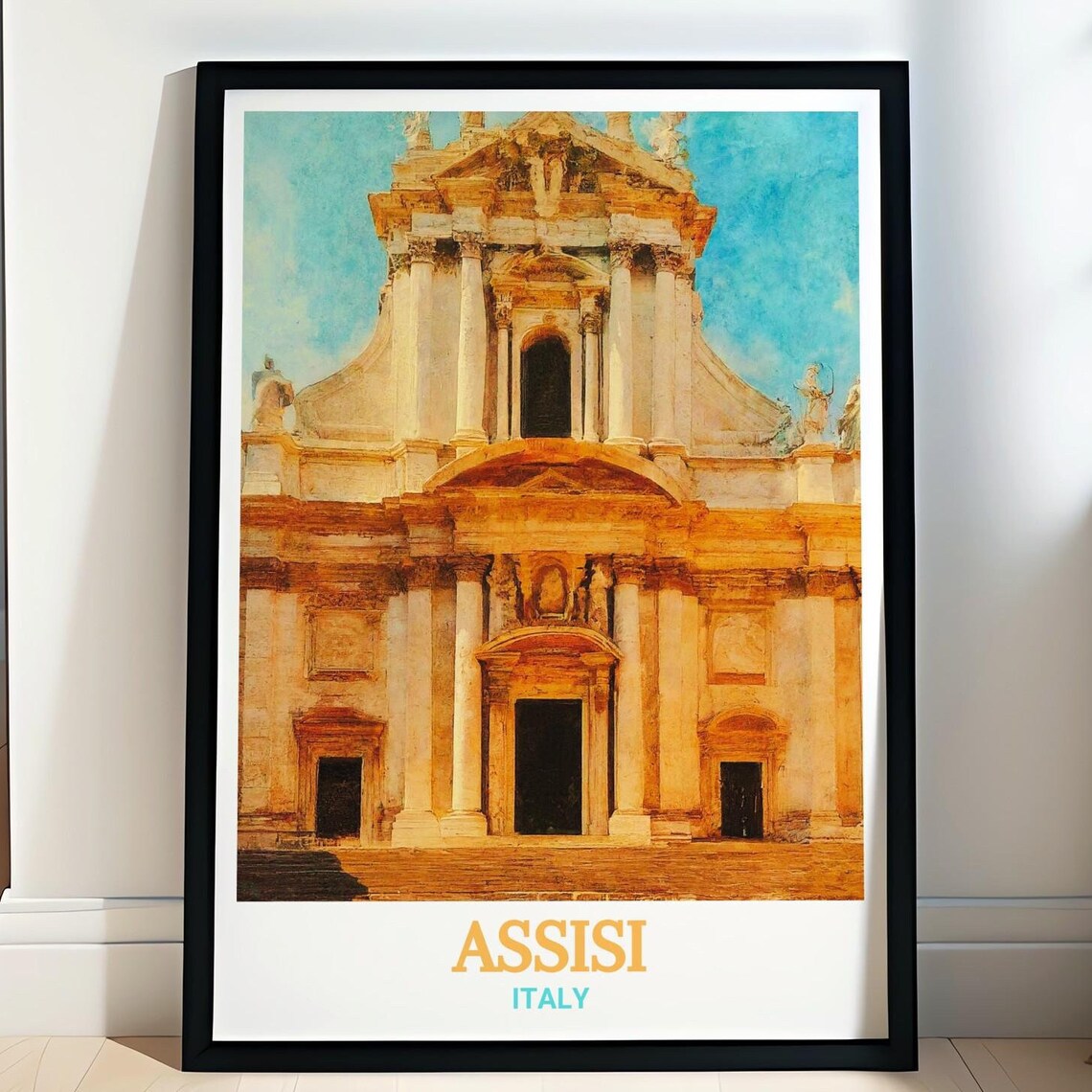 Assisi Italy Grand Basilica Facade Golden Sunlight Travel Poster