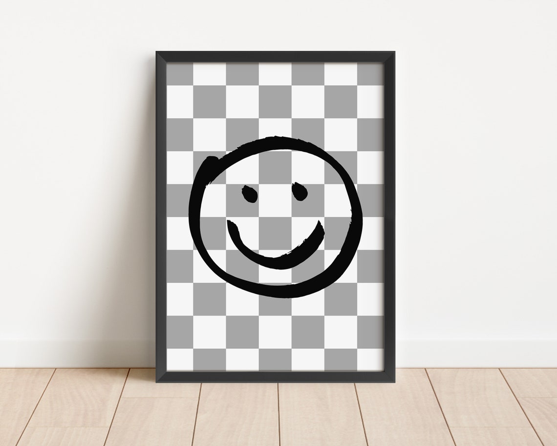 Retro Smiley Face Checkerboard Poster Grey Groovy Kids Room Decor - Image 3