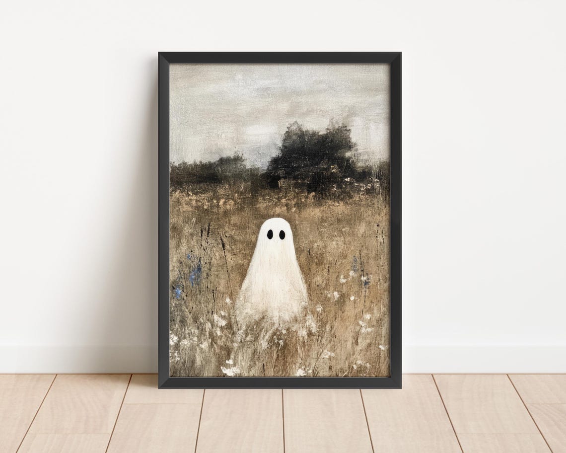 Cute Ghost In A Meadow Vintage Muted Landscape Halloween Poster