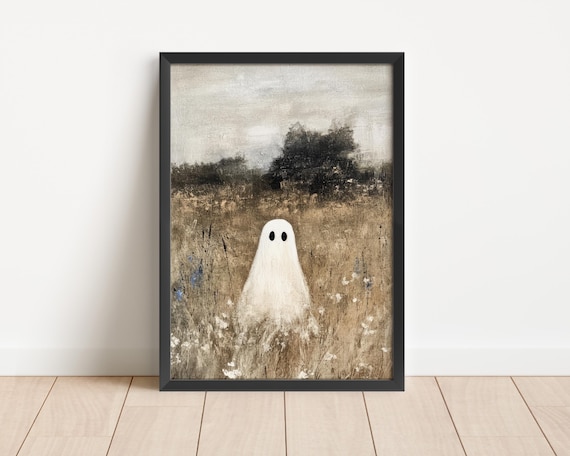 Cute Ghost In A Meadow Vintage Muted Landscape Halloween Poster