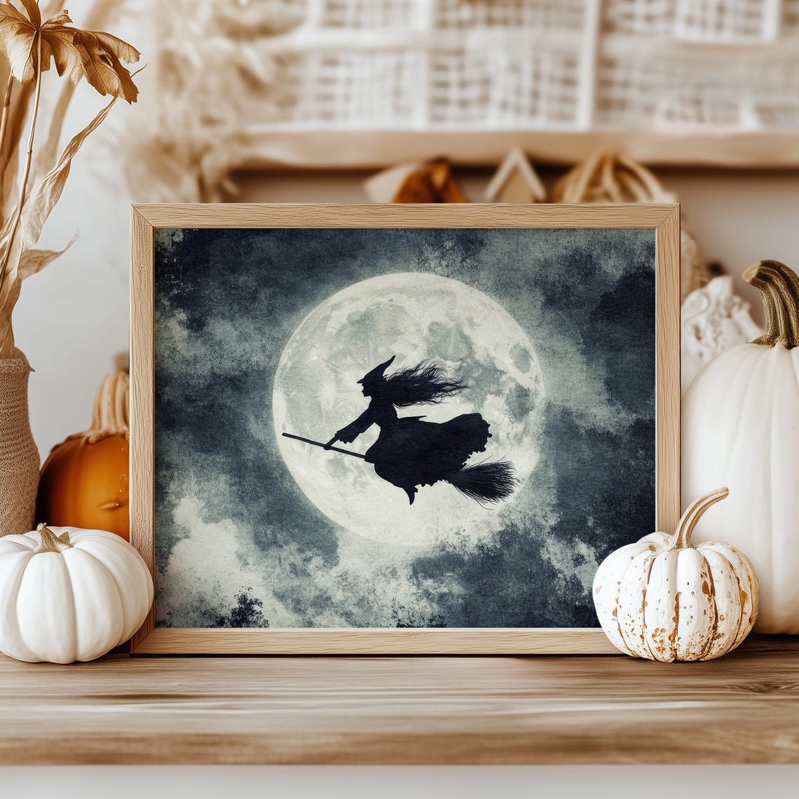 Witch Silhouette On Broomstick Flying Across Full Moon Poster - Image 2