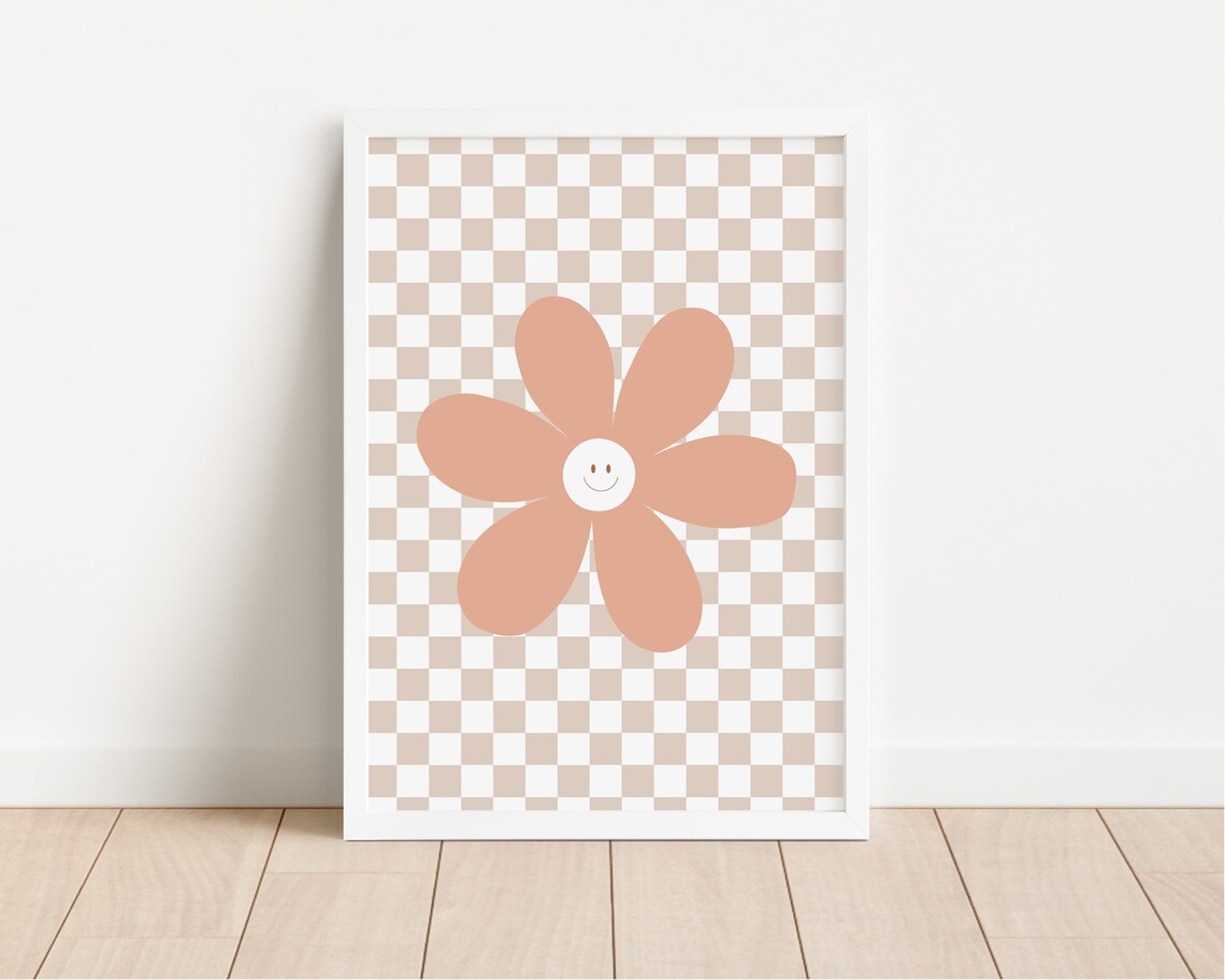 Happy Daisy Peach Terracotta Checkerboard Kids Room Art Poster