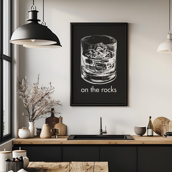 On The Rocks Whiskey Glass Sketch Illustration Black White Bar Cart Poster