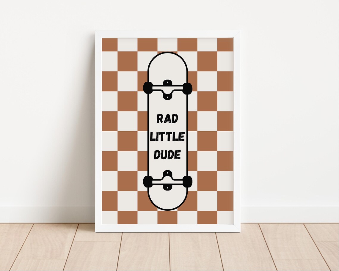 Rad Little Dude Skateboard Brown Checkered Kids Room Art Poster