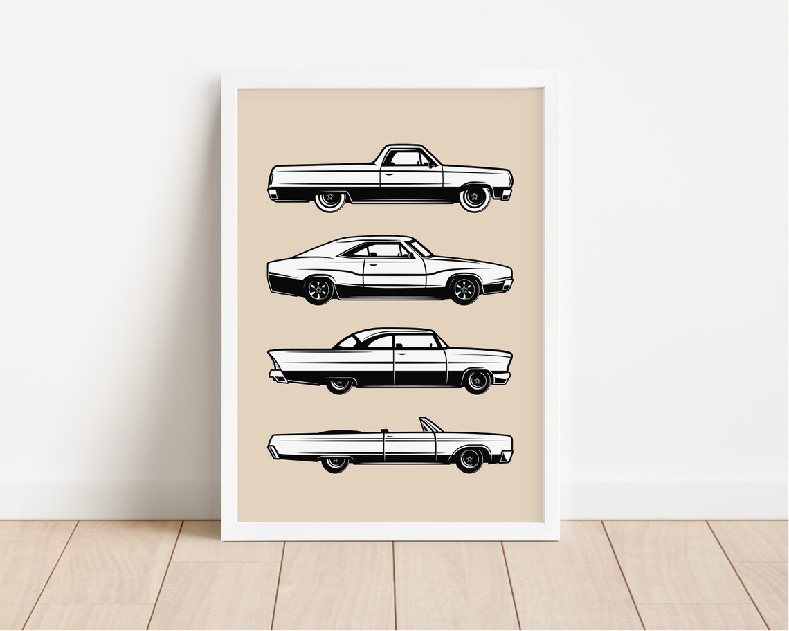 Four Vintage Classic Cars Side Profile Black Tan Boys Room Poster - Image 2