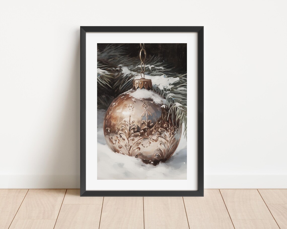 Vintage Gold Bauble Ornament Resting In Snowy Pine Branches Poster - Image 3