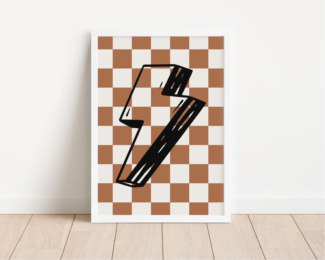 Lightning Bolt Brown Checkerboard Bold Kids Room Decor Poster - Image 4