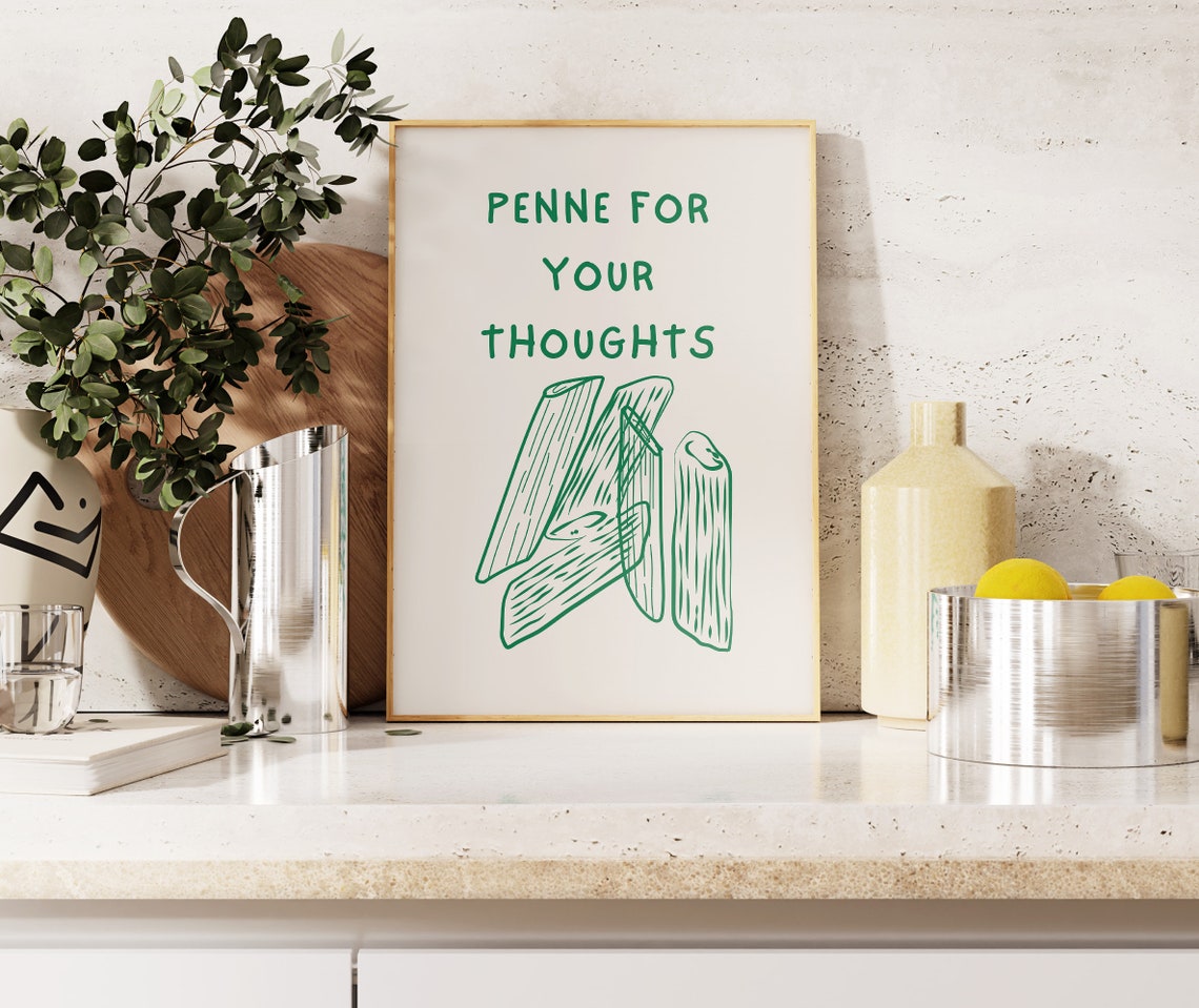 Penne For Your Thoughts Hand Lettered Green Pasta Pun Kitchen Poster - Image 4