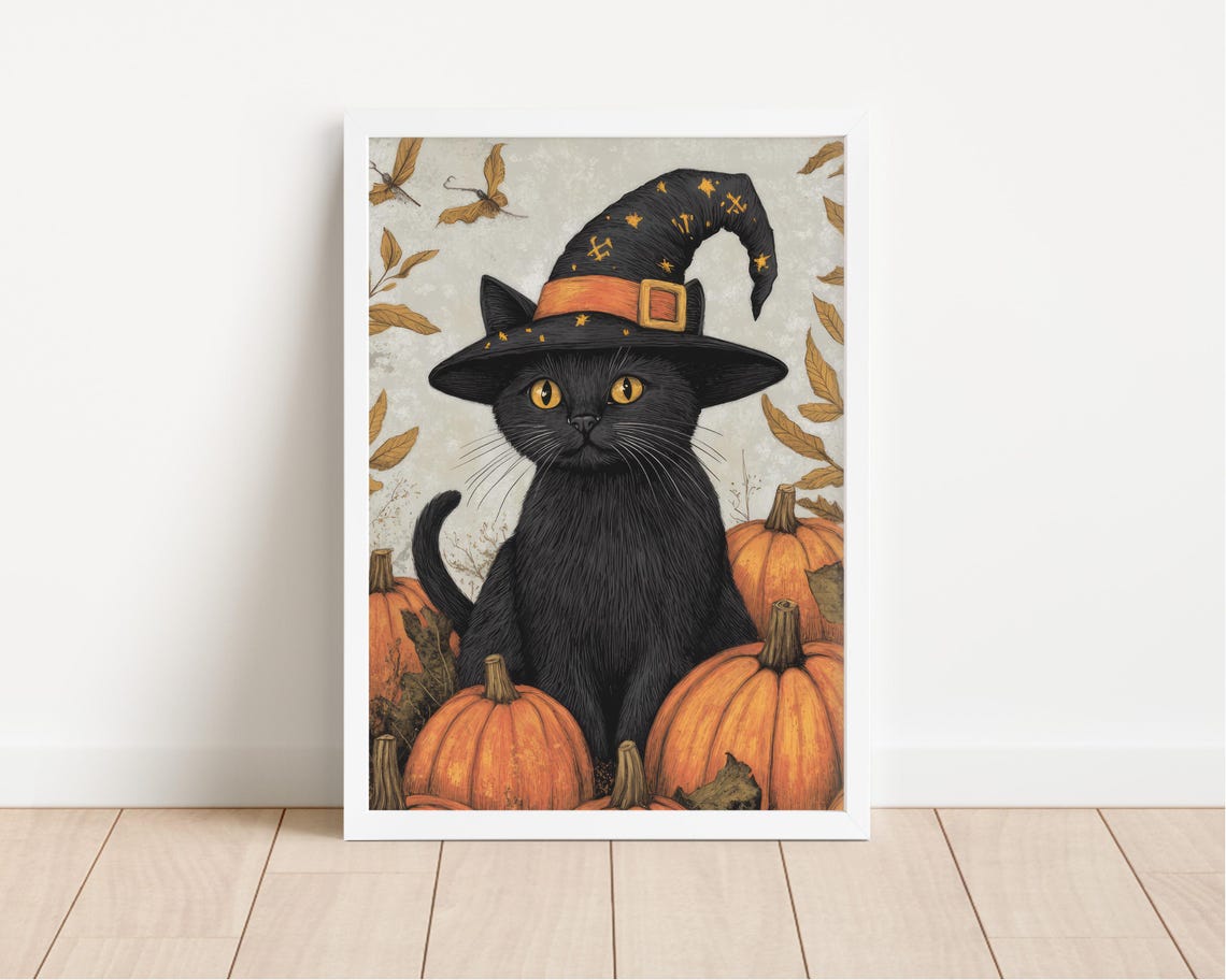 Cozy Vintage Black Cat In Witch Hat With Pumpkins Autumn Poster - Image 4