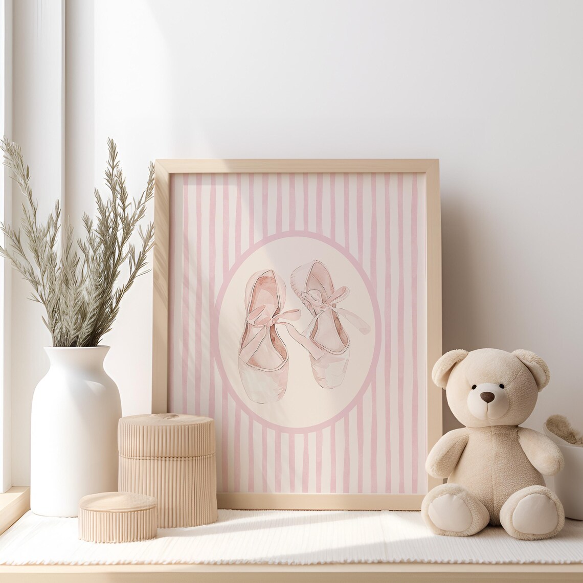 Ballerina Ballet Slippers Watercolor Pink Stripes Nursery Poster - Image 2