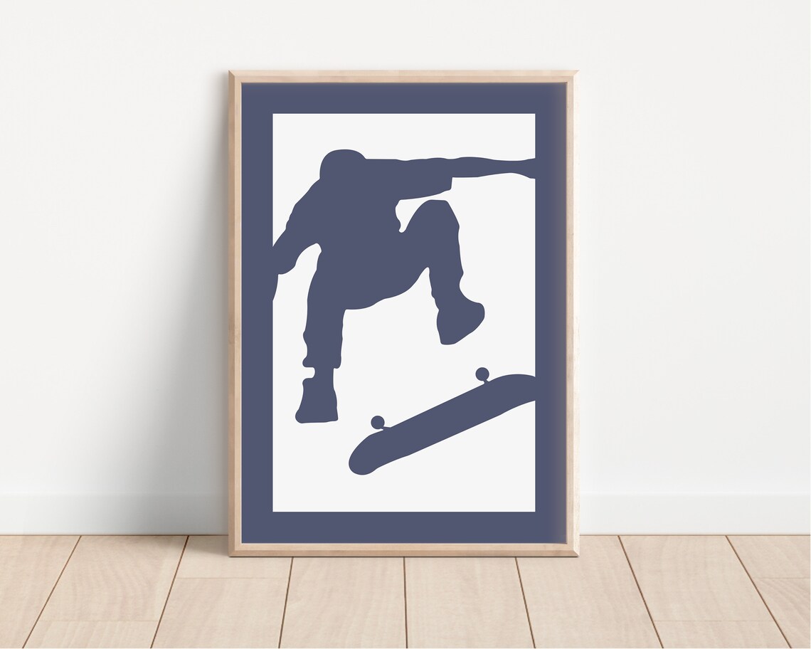 Navy Skateboarder Trick Silhouette Poster for Kids Skateboard Bedroom - Image 2