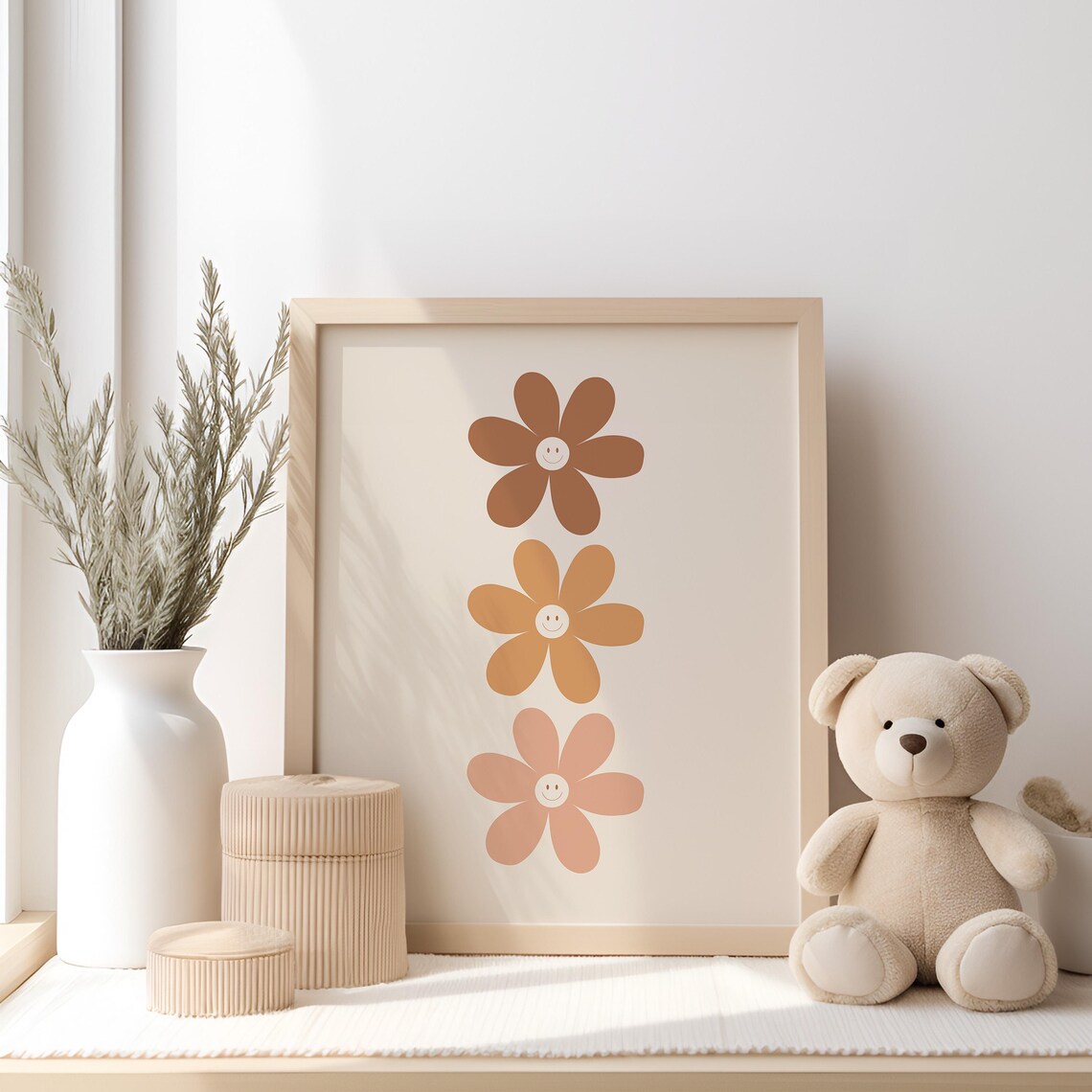 Smiling Daisy Flowers Poster Retro Earth Tones Boho Nursery Room Decor
