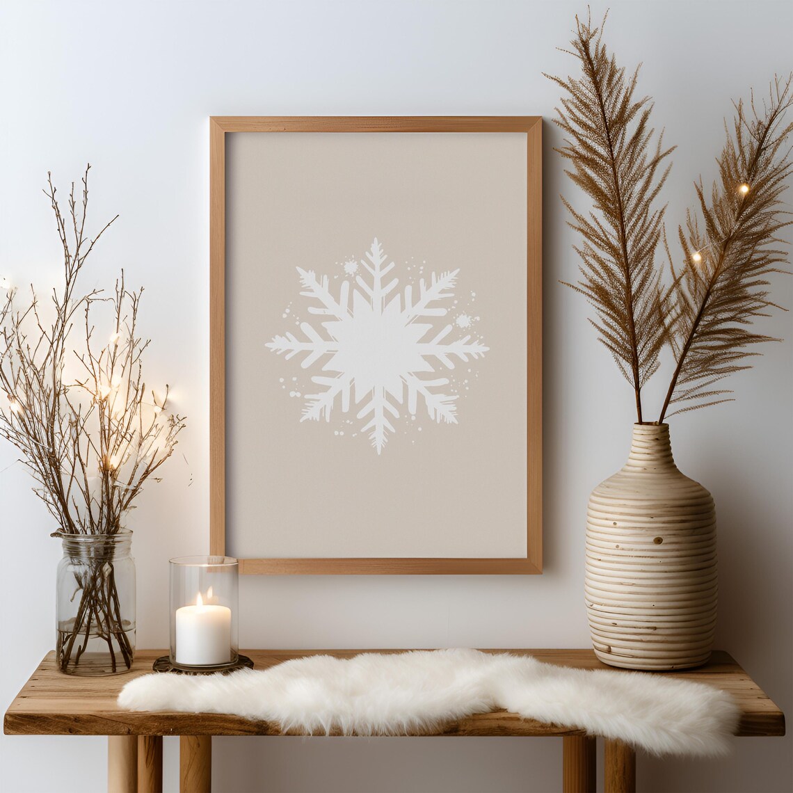 White Snowflake On Beige Minimalist Scandinavian Winter Poster