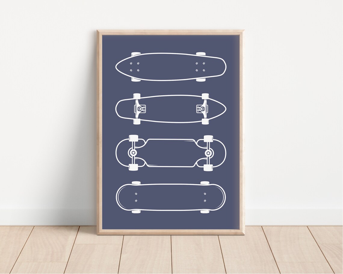 Navy Blue Skateboard Deck Blueprint Diagram Poster for Teen Boys Room - Image 2