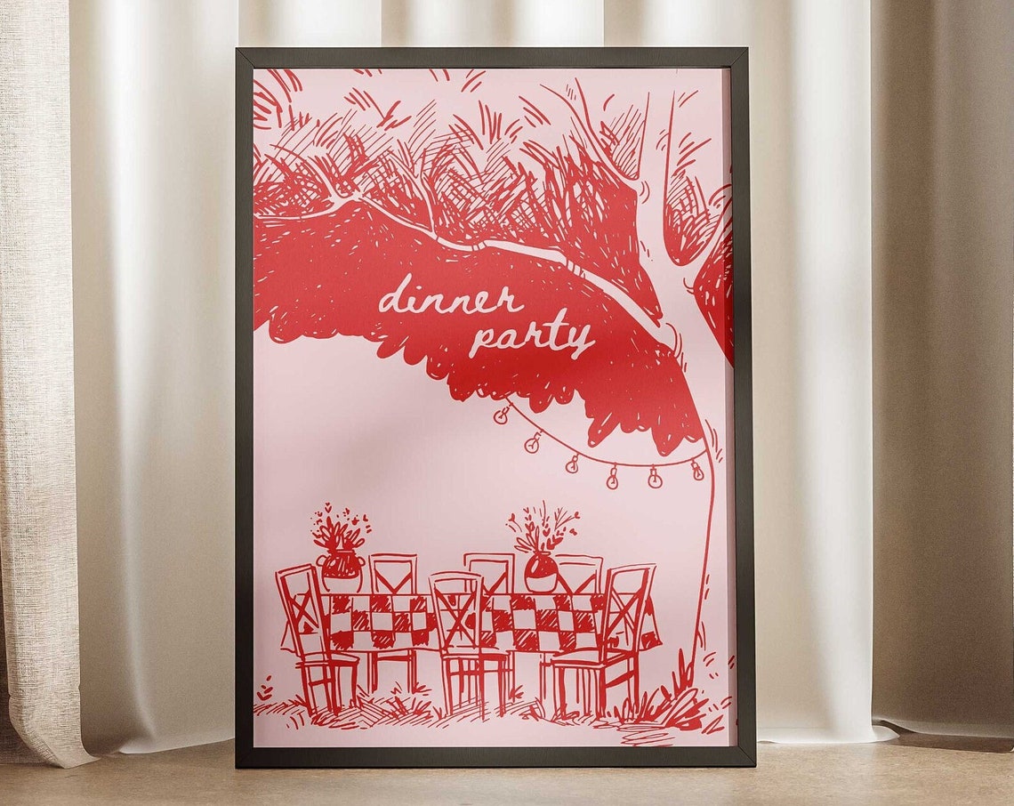 Dinner Party Under String Lights Pink Sketch Illustration Poster