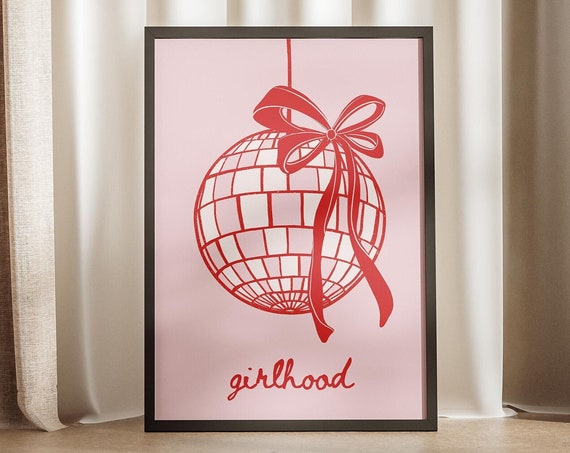 This Is Girlhood Coquette Core Red Pink Preppy Print Girly Trendy Girl Dorm Poster Disco Ball Retro Wall Art Bows Cute Decor