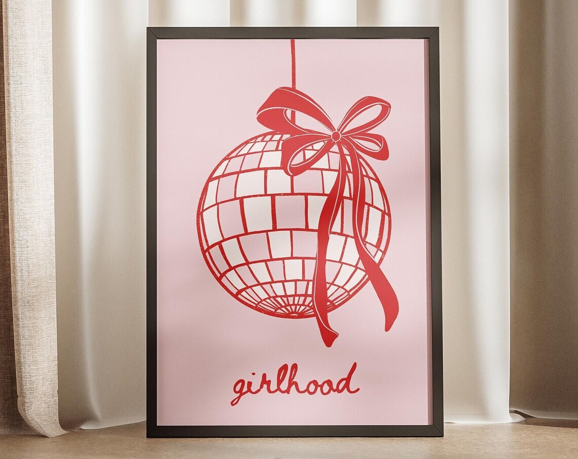Girlhood Red Disco Ball With Bow Pink Girly Room Decor Poster