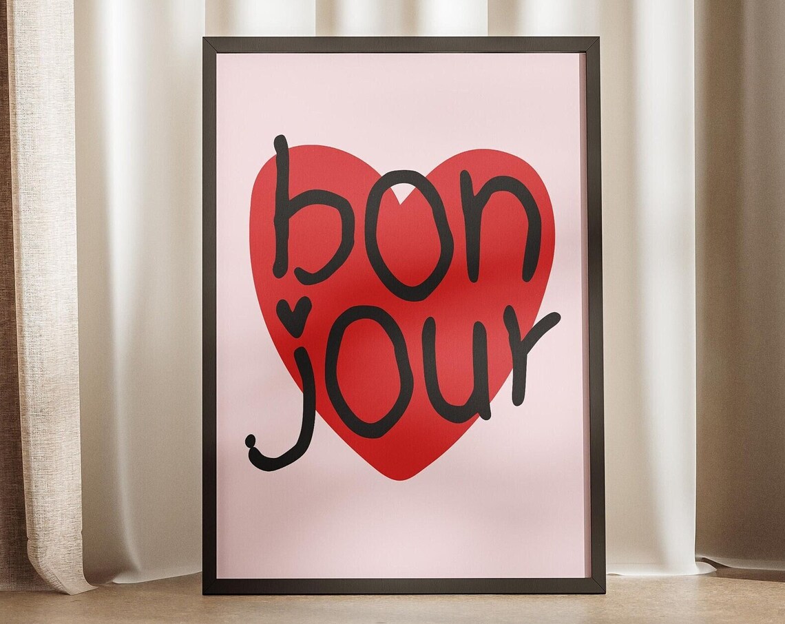Bon Jour Red Heart Hand Lettered French Quote Wall Poster Decor Poster