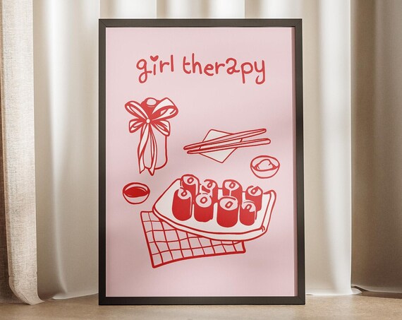 Girl Therapy Sushi Platter Red Line Poster Pink Japanese Kitchen Art
