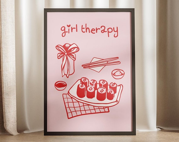 Sushi Girl Therapy Coquette Core Red Pink Preppy Print Girly Bow Trendy Poster Asian Japanese Cuisine Night Retro Wall Art Cute Kitchen