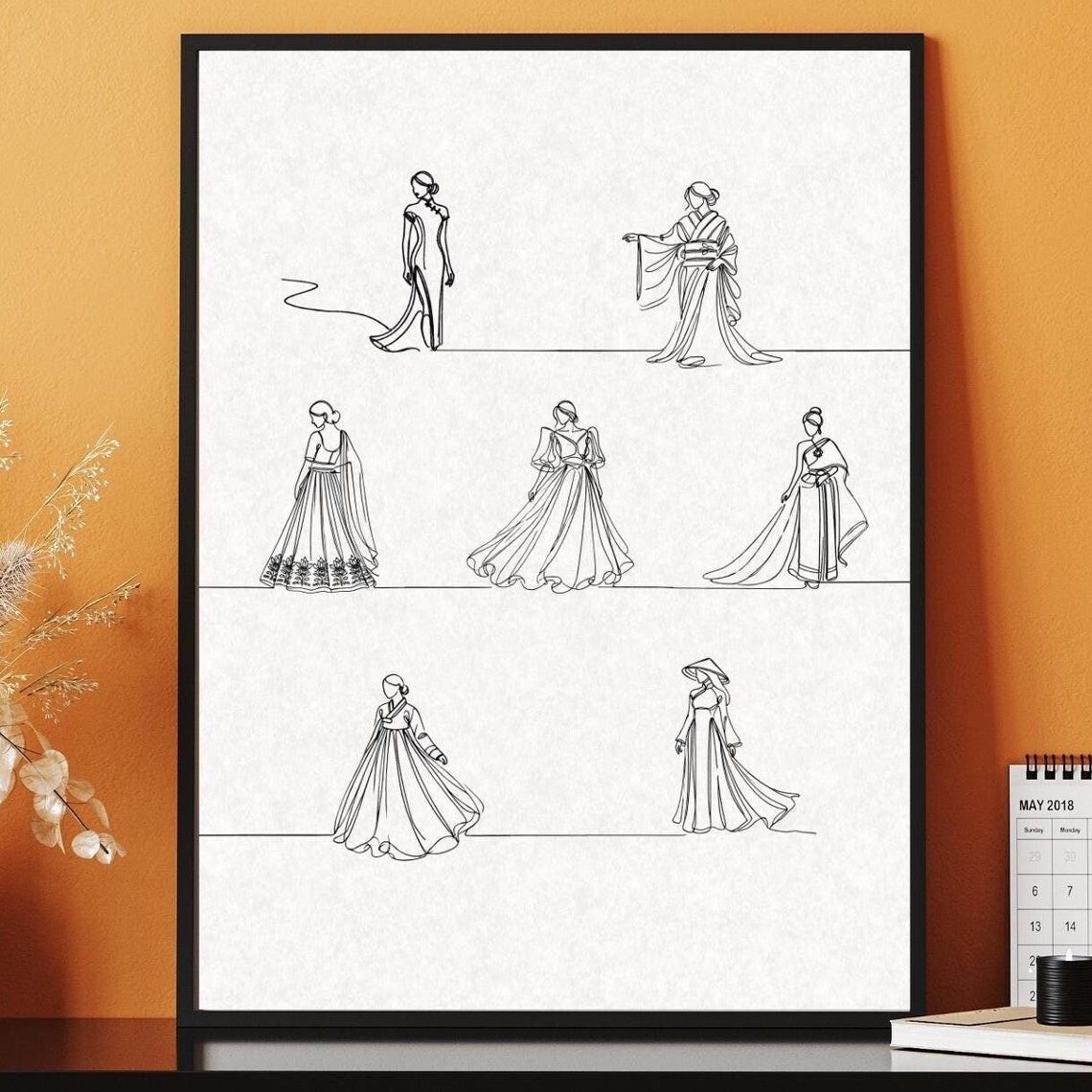 Asian Traditional Dresses Collection Line Drawing Fashion Poster