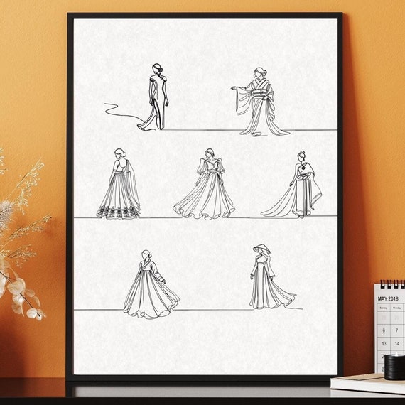 Asian Traditional Dress Continuous Line Drawing Vertical Posters Black And White Disney Princess Gowns Chinese Korean Filipino Decor