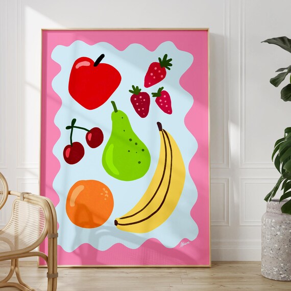 Colorful Fruit Illustration Pastel Kitchen Dopamine Art Poster