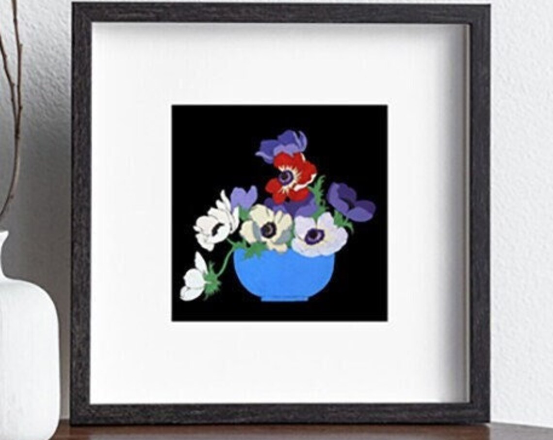 Anemones Blue Vase Black Background Art Deco Floral Still Life Poster